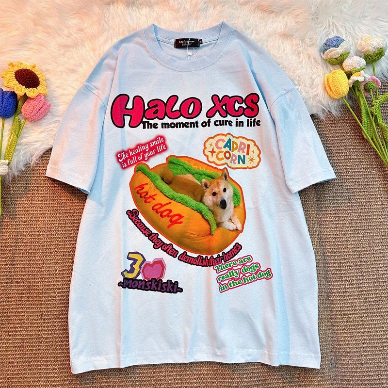 Unisex Retro Hot Dog Print Cotton T-Shirt - Plus Size, Trendy Loose Fit