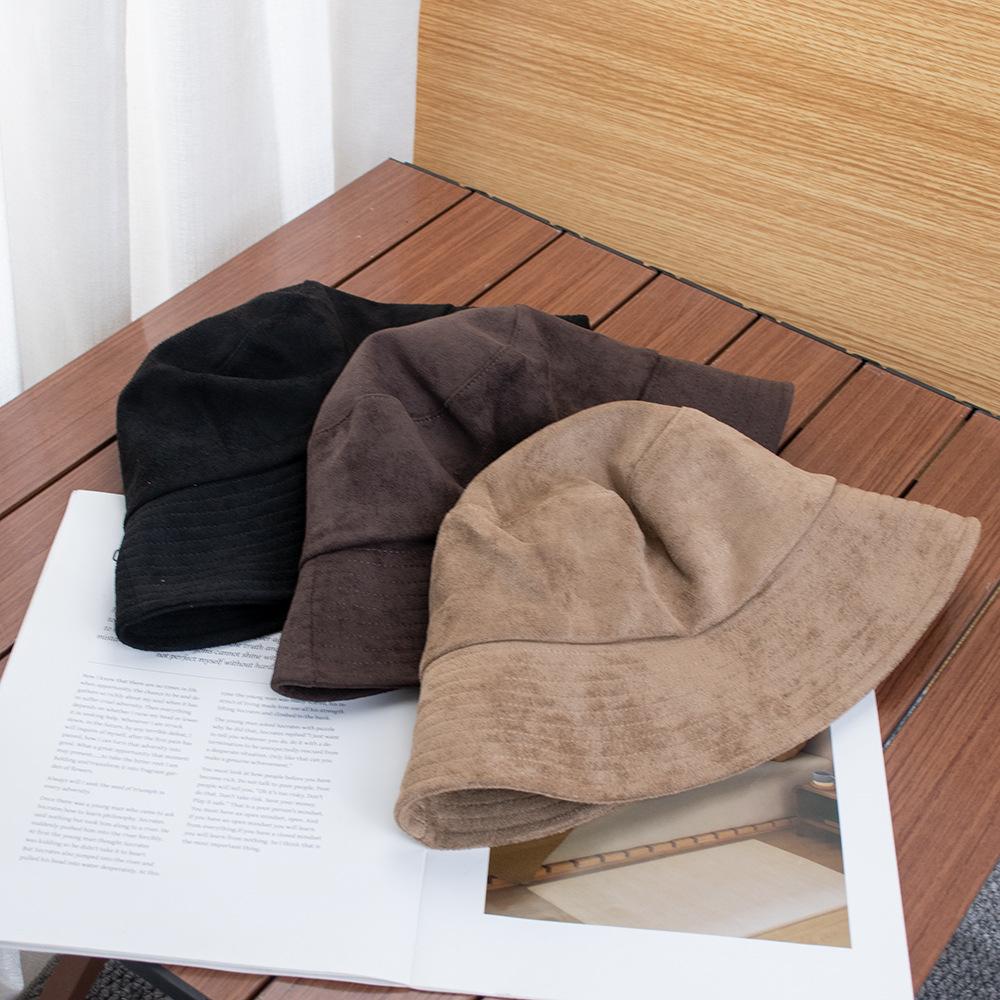 Autumn and winter bare body solid color suede bucket hat women wide brim show face small brown basin hat bucket hat