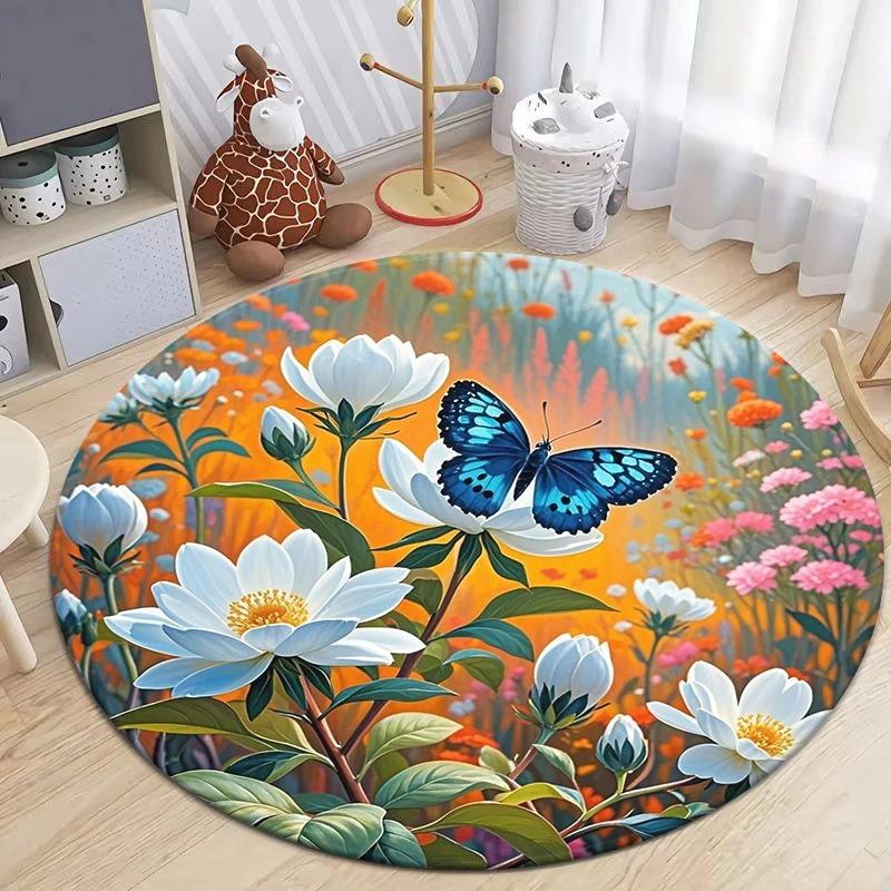 Dense Floral Butterfly Round Soft Non-Slip Art Rug Bohemian Living Room Minimalist Decor Rug