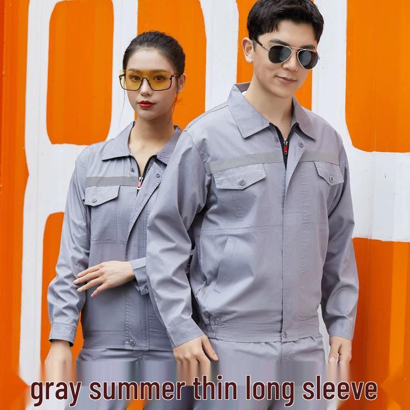 Summer Lightweight Polyester Cotton Reflective Workwear Set - Long Sleeve Protective Clothing for Construction and Workshop Use.