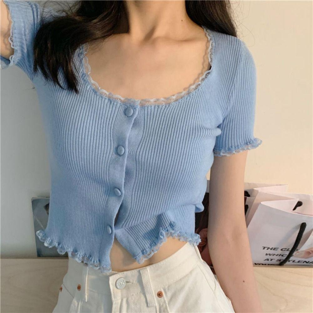 Korean Style Summer Spring Lace T-shirt Button Crop Top Slim Fit Knitted Cardigans
