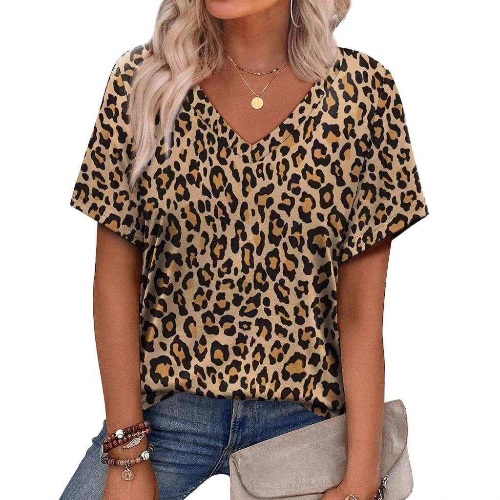 Summer V-neck 3D Leopard Print Pattern Printed Top Fashionable Casual Short Sleeved Women's T-shirts