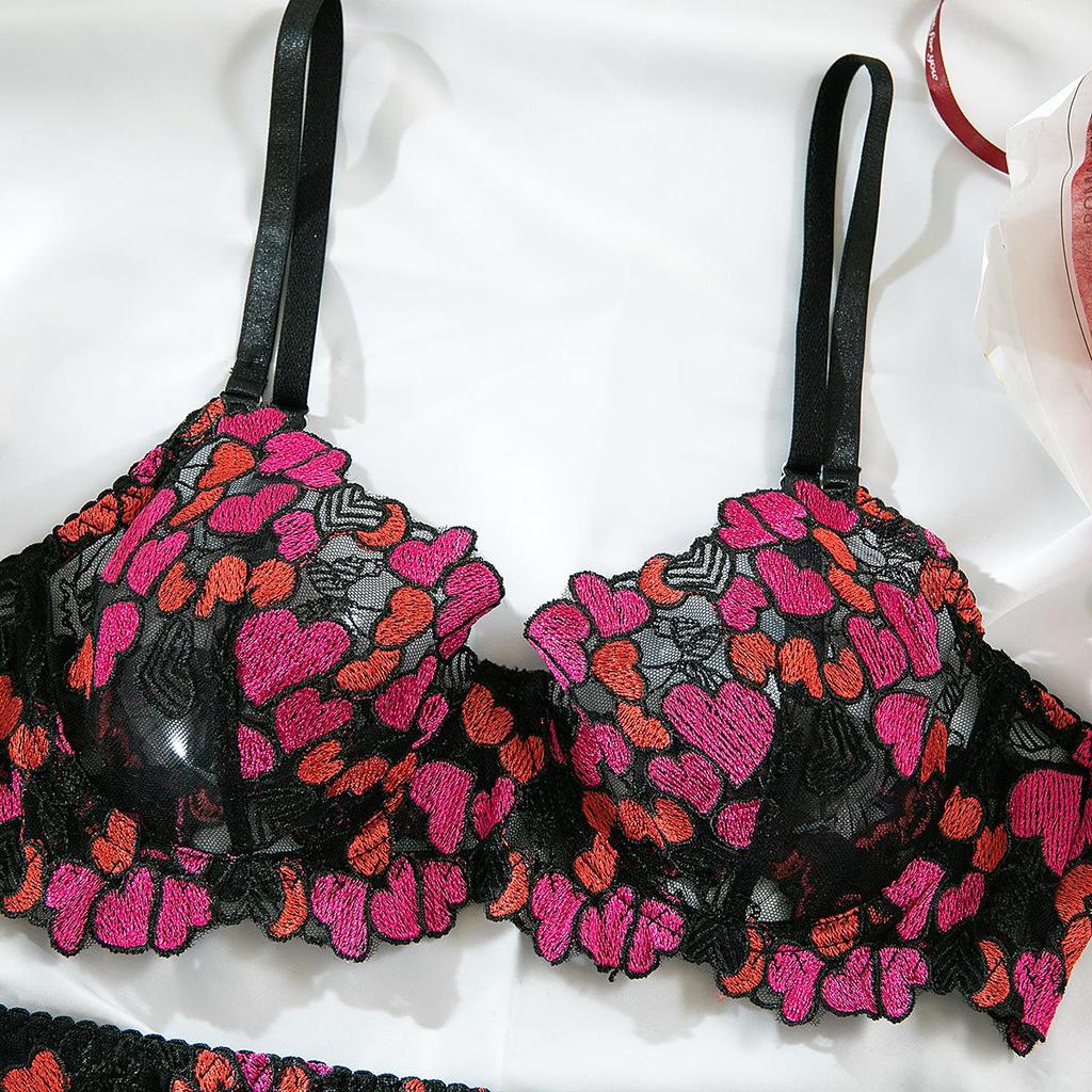 Embroidered Lace Lingerie Set: 4-Piece Transparent Bra & Panties