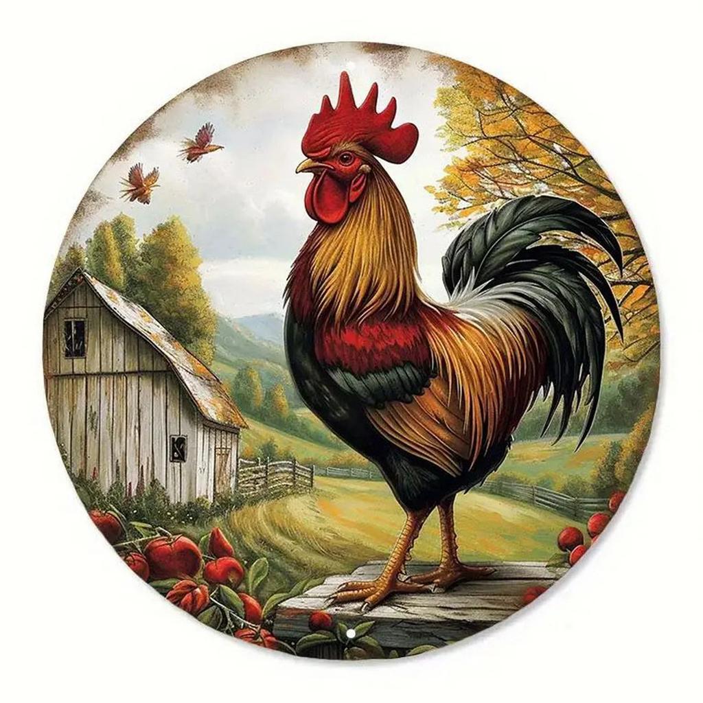 High Definition Metal Tin Sign Set Colorful Rooster Themed Round Wall Art Decor for Farmhouse Kitchen and Country Style Home Dec
