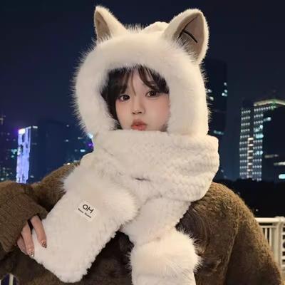 Fox Ears Winter Cold and Warm Three-piece Set Hat Women's Scarf Gloves Women's Cute Thickened and Velvet Two-piece Set