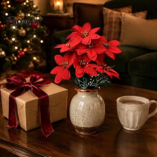 Vibrant Red Poinsettia Bunch for Home Artificial Flowers, Christmas Bouquet with Berries, Faux Silk Synthetic Flower Decoration Floral Stems