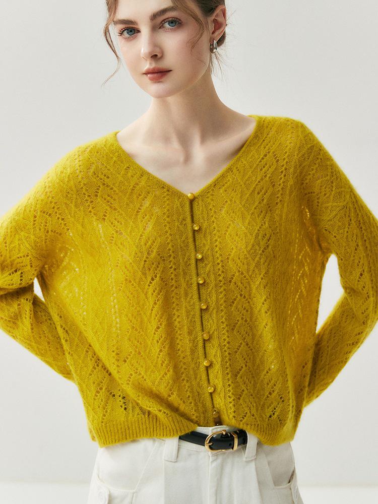 Women's Cashmere Knit V-Neck Cardigan: Autumn/Winter Hollow Out, Solid Color, Loose-Slimming, Versatile Top