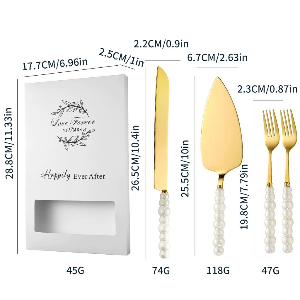 4pcs Elegant Wedding Cake Knife and Server Set with Pearl Ceramic Handles - Stainless Steel, Perfect for Cakes, Pies, and Special Occasions