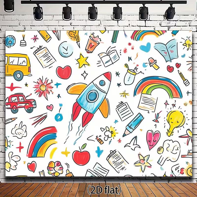 2D Classroom Decoration Backdrop, Hand Drawn Rocket Rainbow & School Items Banner 47.2x31.5inch/120*80cm