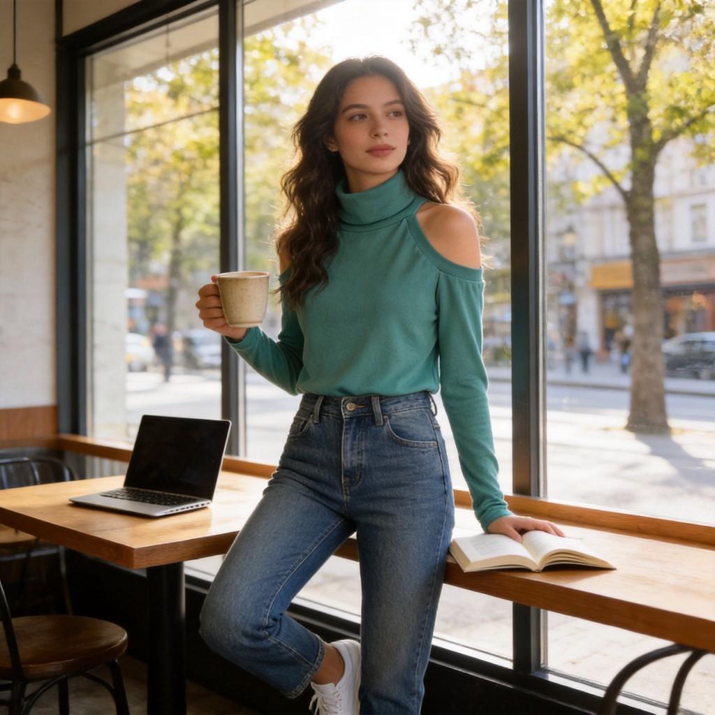 Knit T Shirt For Women With Off Shoulder Design And High Neck Casual Top For Daily Wear