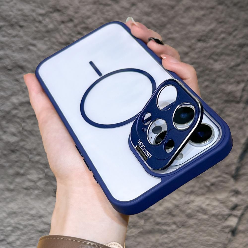 Metalic Camera Stand Protection Phone Case For iPhone 16 15 14 Plus 13 12 11 Pro Max Transparent Magnetic Wireless Charge Cover