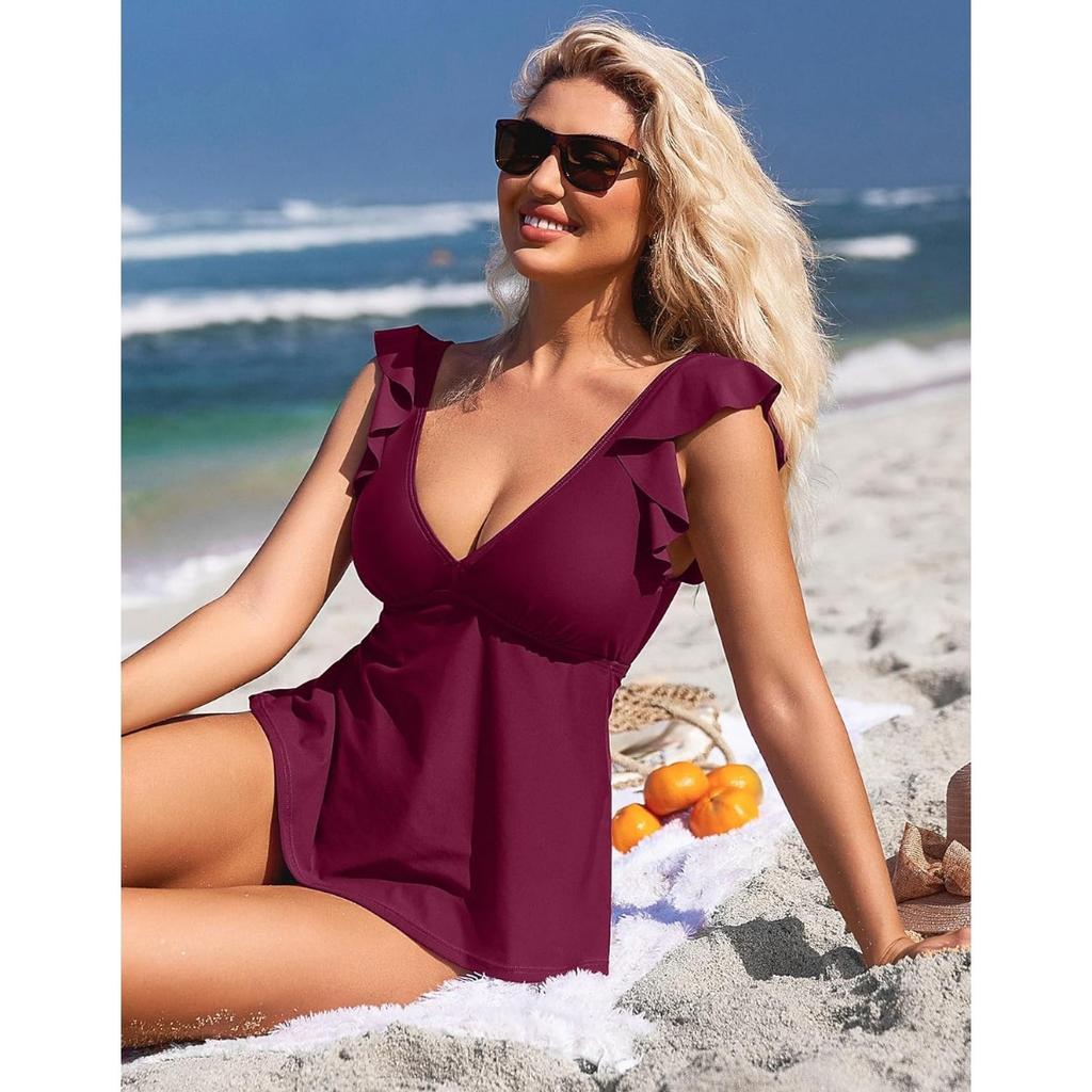 CHARMLEAKS Women Tankini Top Ruffled Shoulder Bathing Suit Top V Neck Swimsuit Top Flowy Bikini Tank Top