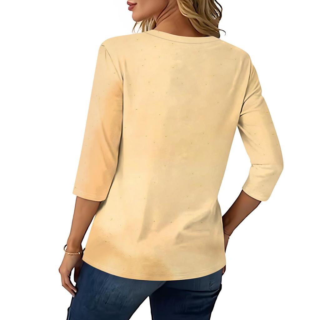 Lässiges Damen-Oberteil mit Dreiviertelärmeln und V-Ausschnitt und Blumendruck