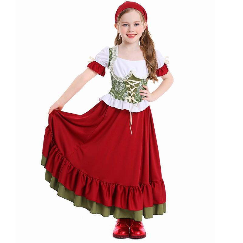 Kids Halloween Costume Dress Ethnic Dance Outfit Girls Short Sleeve Wine Red Print Skirt Set