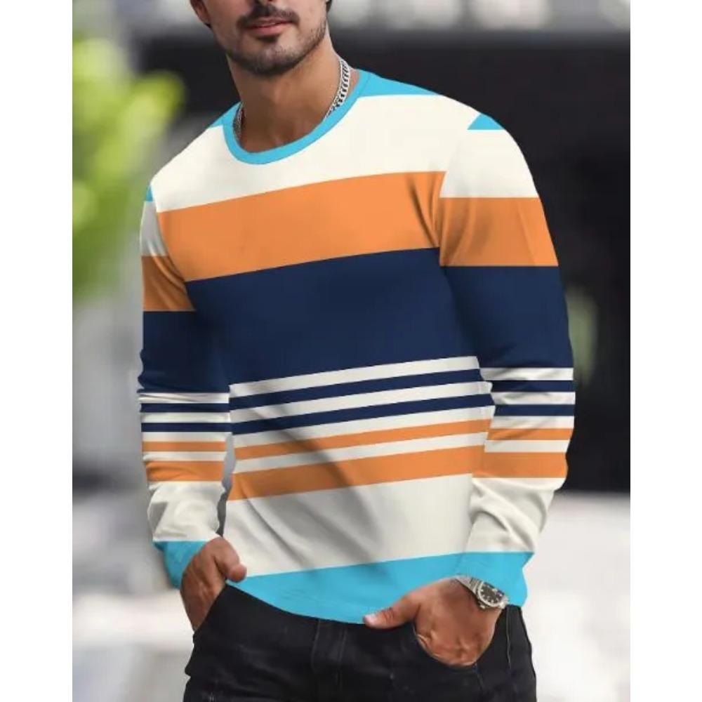 Rundhals Lässiges Oberteil Modisch Vielseitig Freizeit 3D Langarm T-Shirt Gestreiftes T-Shirt Herren Locker Großes T-Shirt