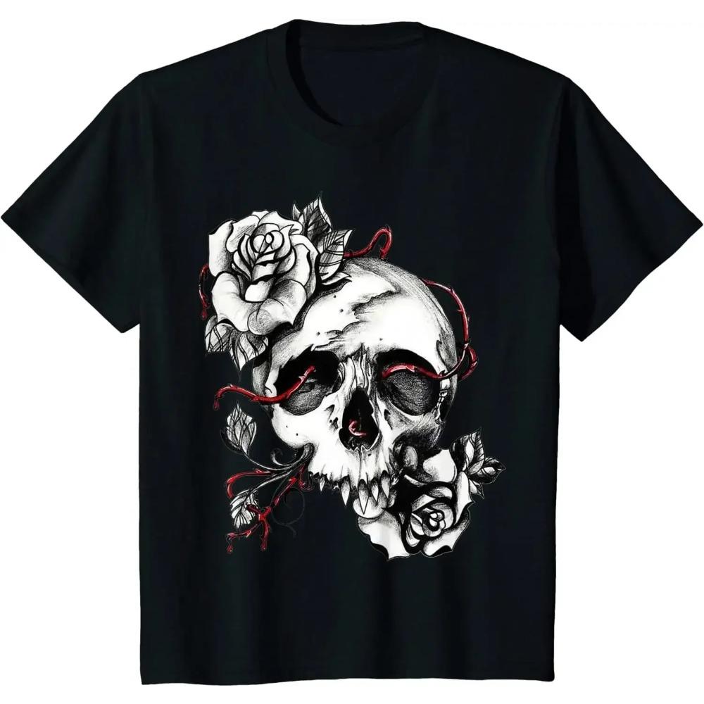 Skull and Roses T-Shirt Men Clothing Oversized T Shirt for Homme Women Casual Cotton Daily Four Seasons Tees Shirts