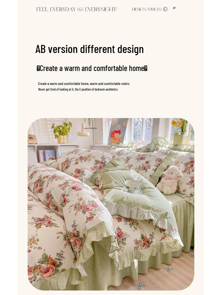 Fairy-Style Cotton Ruffled Bed Skirt & Pastoral Duvet Cover Set