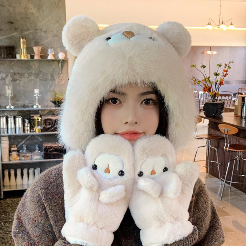 Winter plush cute bear gloves hat women's windproof and warm ear protection pullover hat versatile and small face