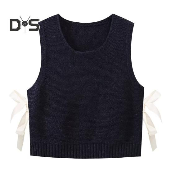 Women Knitted Vest Round Neck Sleeveless Crop Tank Bow Tie Decor Hollow Back Solid Color Short Sweater Vest