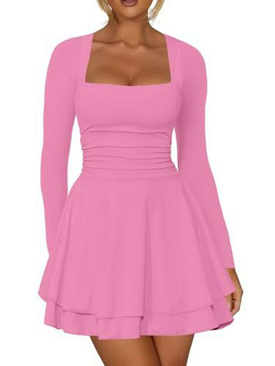 European & American Women's Square Neck Long Sleeve Slim Fit Short Dress - Beach Vacation Style