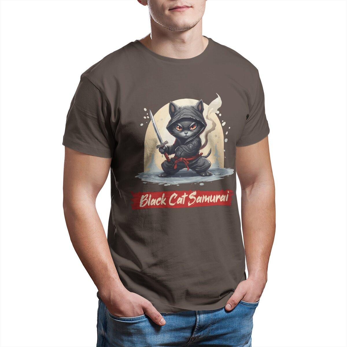 Black Cat Samurai warrior Japanese Ninja Cat printed TShirt for Men 100 Cotton vintage  men clothing Big Size  Printed tee S