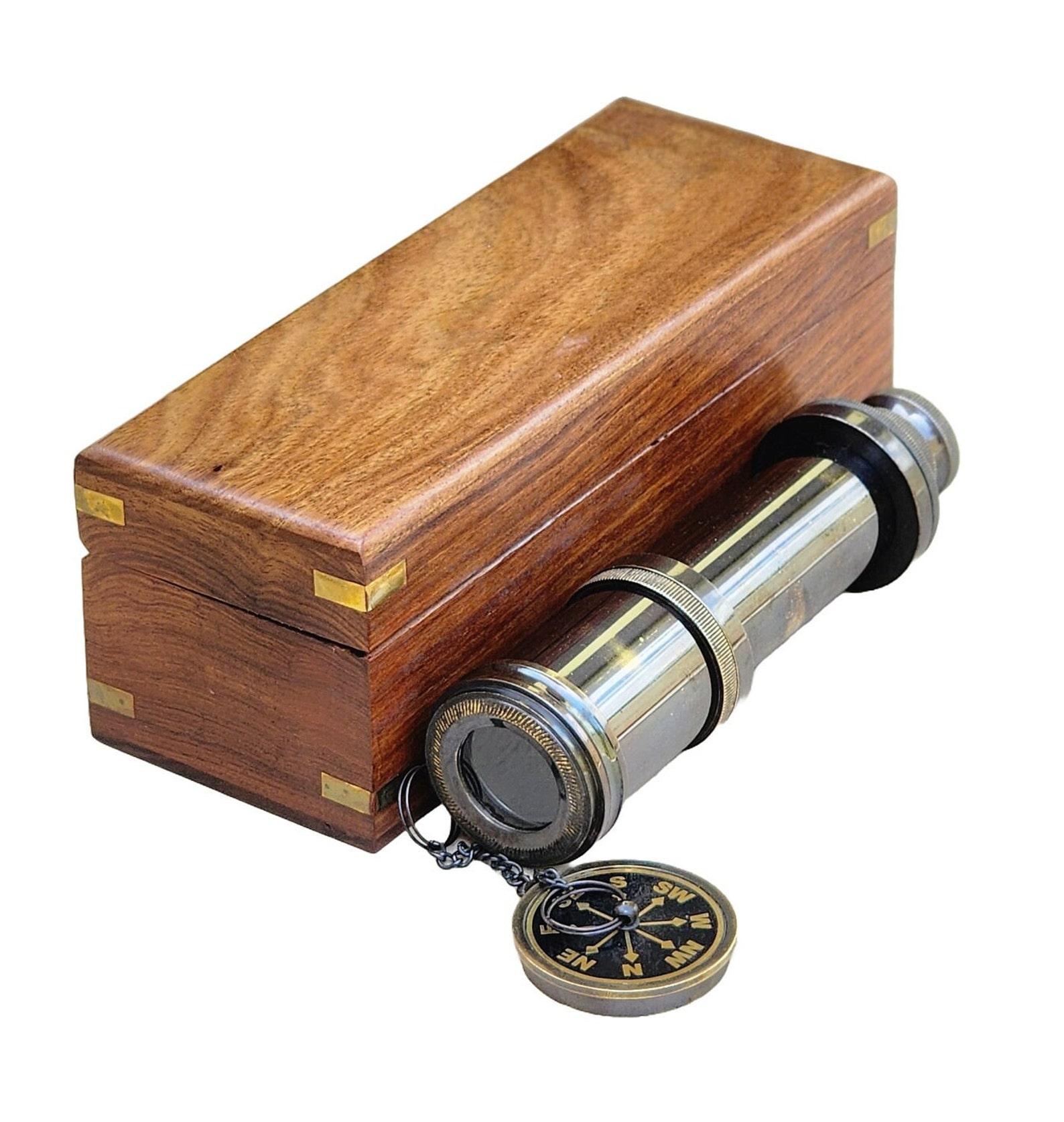 Personalized Brass Spyglass Telescope with Engraved Wooden Case Custom Monocular Bird Watching Backpacking Gift Collectible Decor