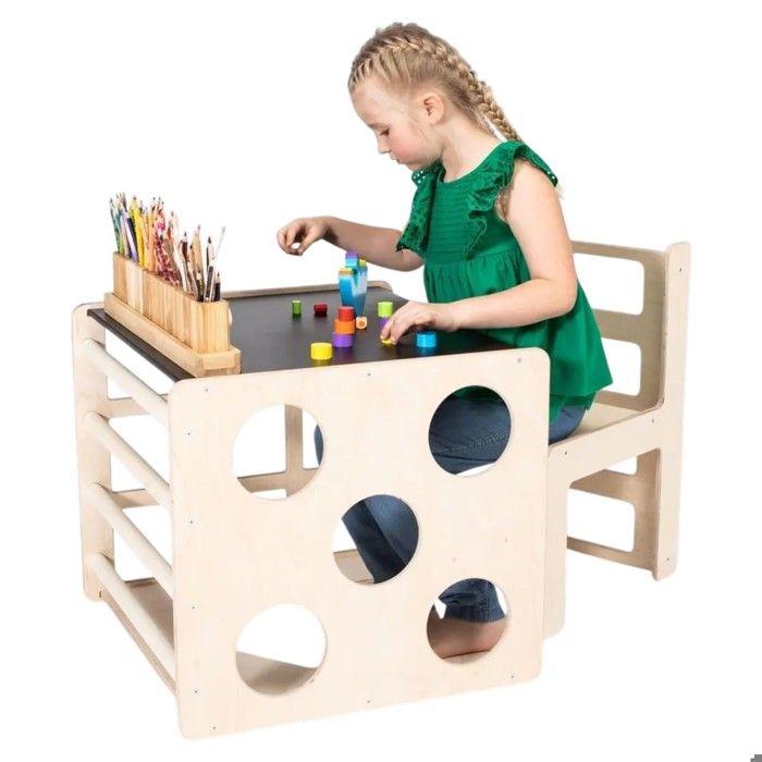 GINGER HOME Ensemble Montessori 2 en 1 Table Enfant avec Chaise et Cube d’Escalade, Bois Naturel, 57x50x55 cm