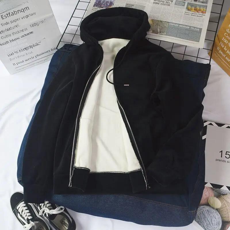 

Женская утолщенная толстовка-кардиган на флисовой подкладке, свободный крой, с капюшоном, антипиллинговая куртка для осенне-зимнего сезона XS чёрный