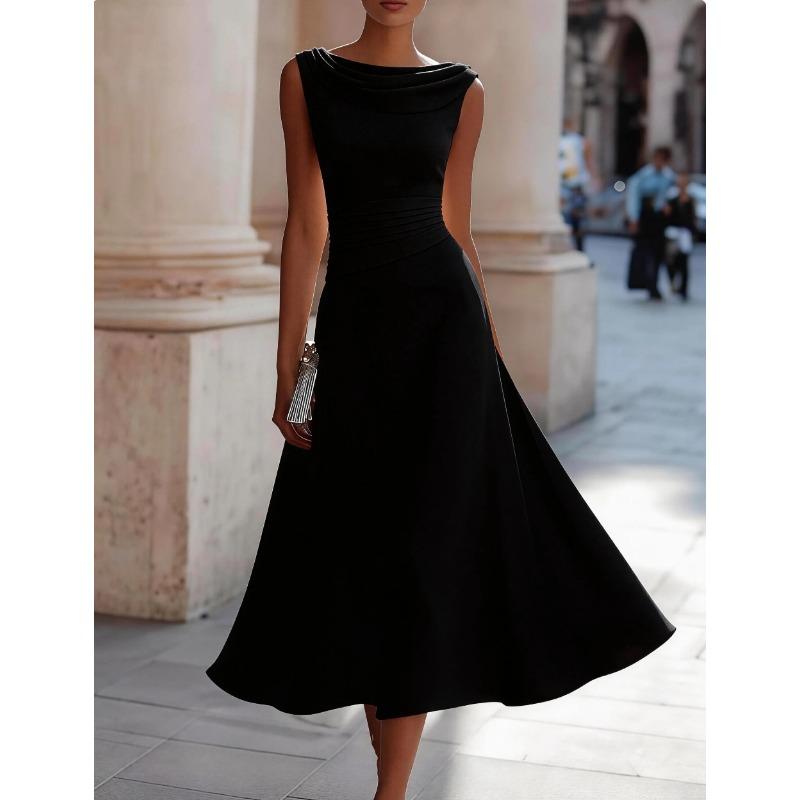 Sommer Schwingender Kragen Ärmelloses Kleid Damen, Taille und dünner Saum Mittellanges Kleid Kleid