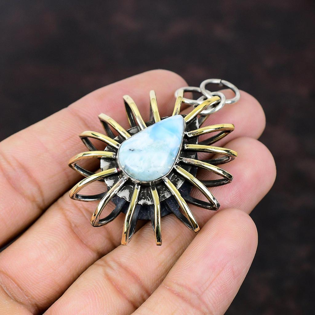 Larimar Pendant Handmade Jewelry 925 Sterling Silver Pendant 18K Gold Plated Pendant Gemstone Cage Jewelry Gift For Friend Beautiful Jewelry