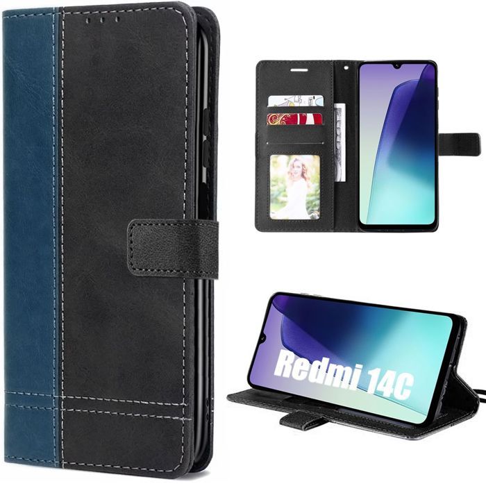 Coque Silicone - E.F.CONNECTION - Pour Xiaomi Redmi 14C - Bicolore Bleu Foncé/Noir - Anti-Rayures - 360 Degré