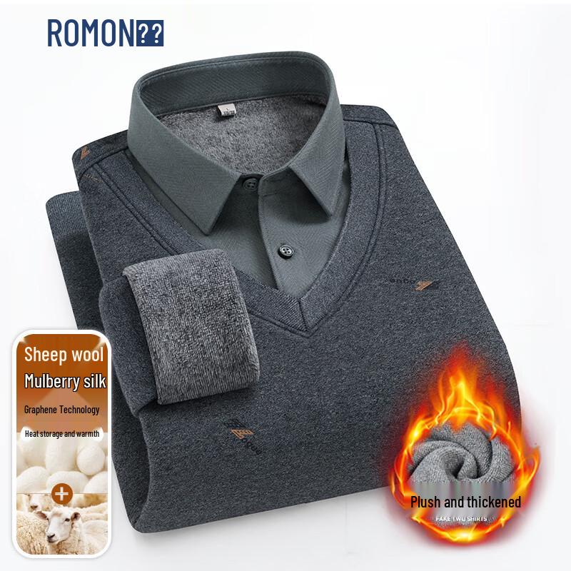 ROMON Men's Faux Two-Piece Wool Silk Blend Patterned Sweater