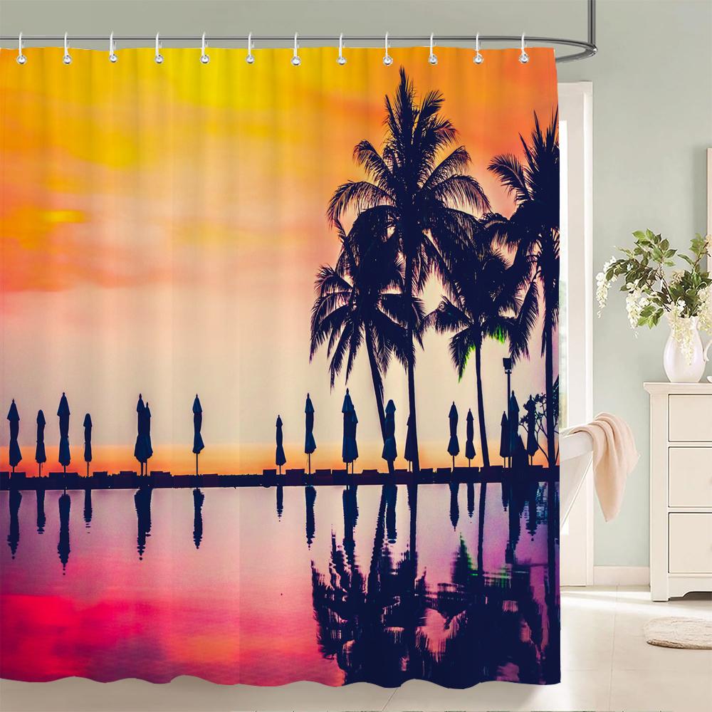 Bathroom Waterproof Shower Curtain Sunset Dusk Beach Scenery Seaside Printing Polyester Home Decoration Curtain With Hook