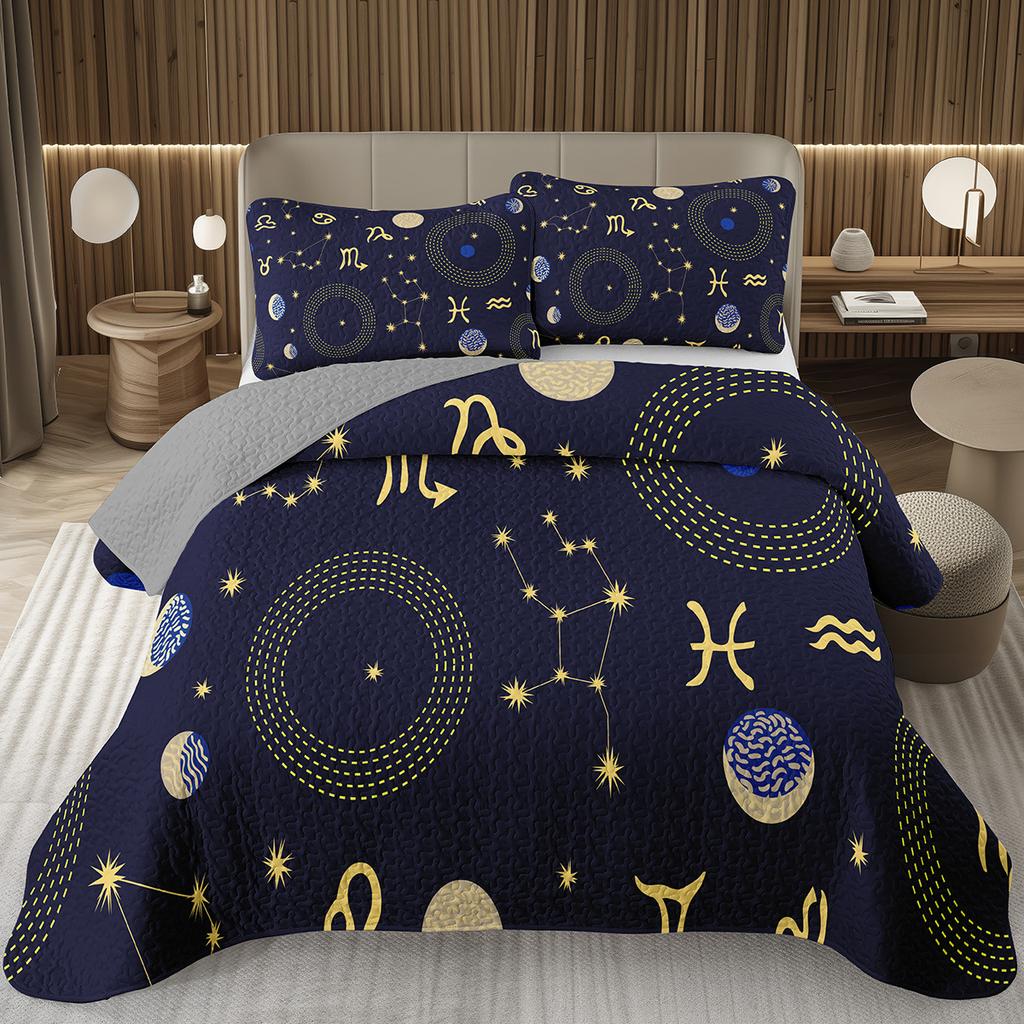 12 Constellation Astrology Bedspreads Zodiac Coverlet Boho Exotic Twin King Bedding Set Reversible Grey Quilted Bedspread Cover