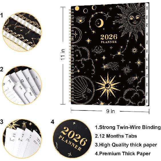 2026 Planner - 9" x 11", 2026 Calendar Planner Weekly and Monthly, from JAN. 2026 to DEC. 2026, Calendar/Planner 2026 with Tabs, Twin-Wire Binding,