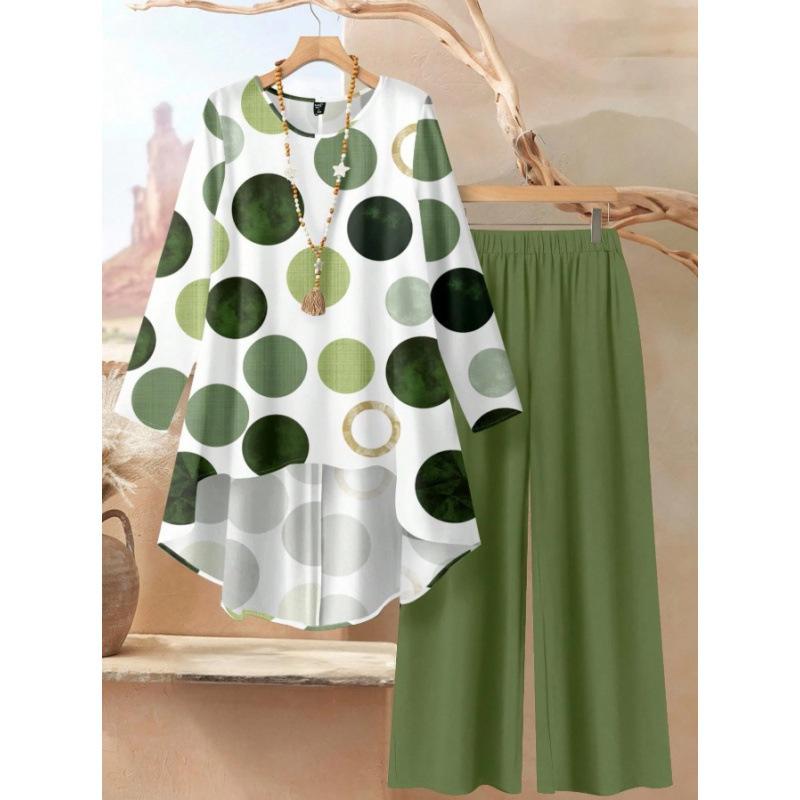 1116 Floral Print Suit Women's Long Sleeve Irregular Hoop Wide Leg Pants Casual Summer Large Size