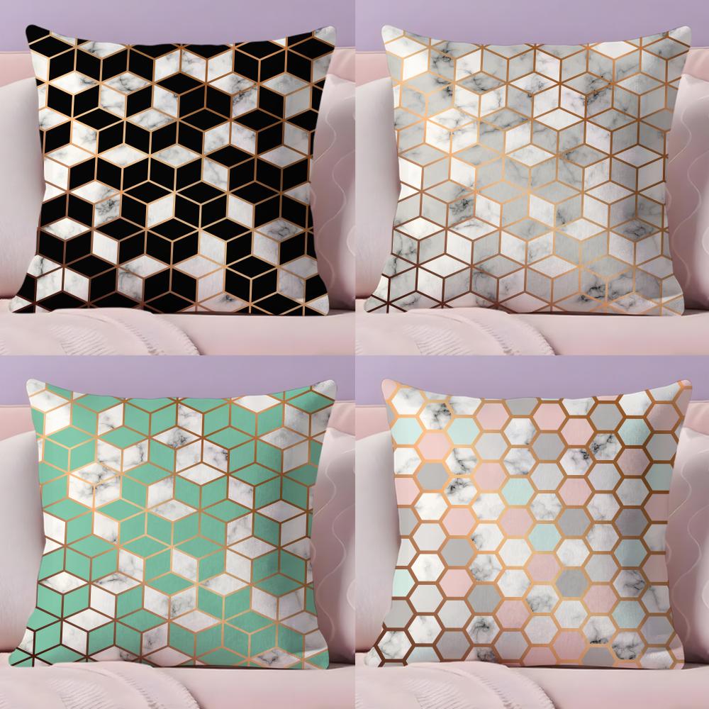 Hexagon Marble Pattern Cushion Cover Plush Fabric Soft Double-Sided Printed Sofa Warm Winter Home Gift Pillow Cover