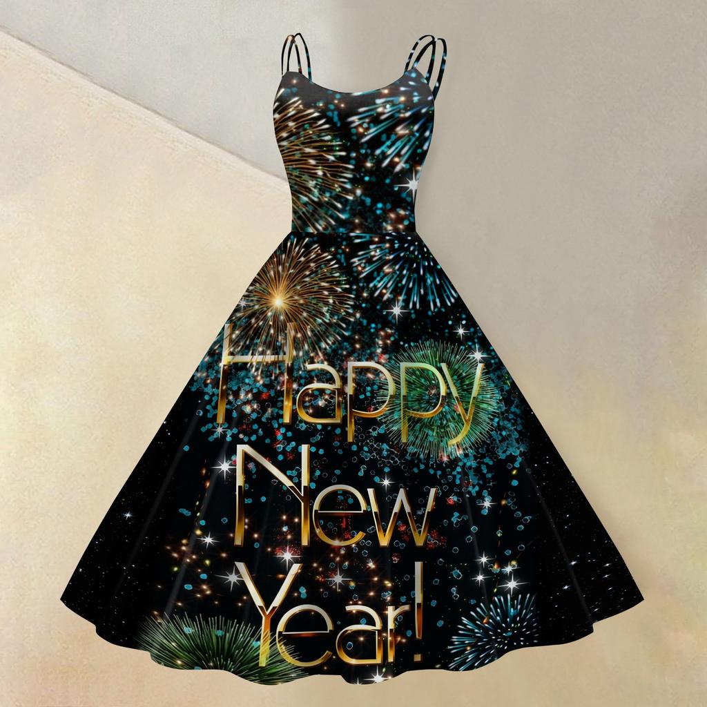 Kvinners Nyttårstrykt Casual Mote Rund Hals Midi Kjole