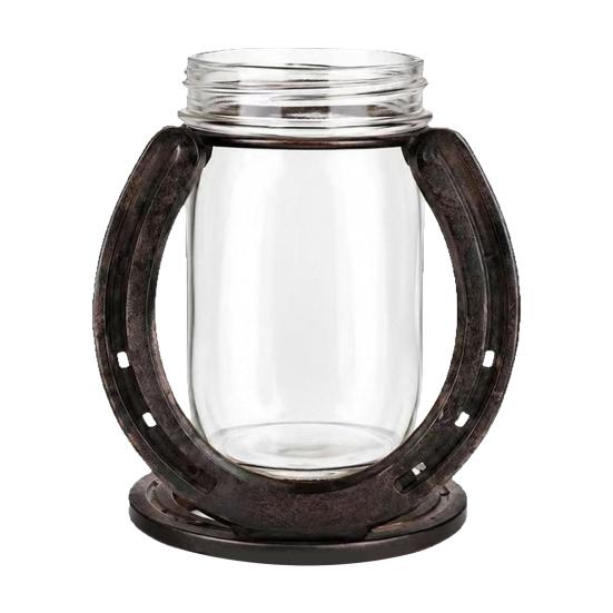 Creative Home Office Ornament Horseshoe Shaped Flower Vase, Rustic Metal Frame with Small Vase for Indoor Plants Clear Glass Jar, Western Farmhouse