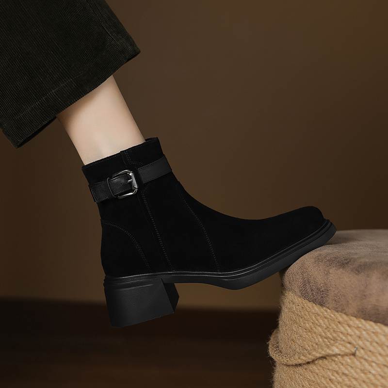 Krazing Pot Cow Suede Nubuck Round Toe Thick Heels Chelsea Boots Size 42 Zipper Women Keep Warm Ankle Boots