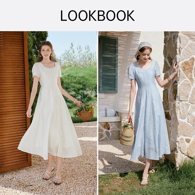Xiangying Women's Summer Lyocell Jacquard Square Neck Midi Dress