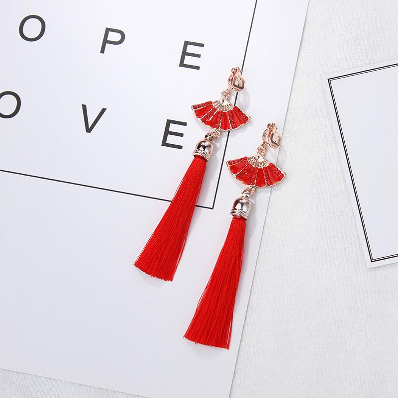 Hanfu-Inspired Red Tassel Clip-On Earrings with Chinese Knot Design