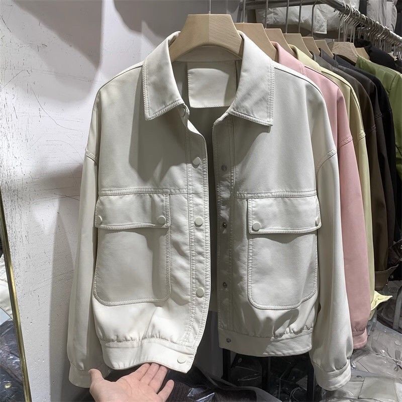 

Spring and Autumn Leather Jacket New Casual Retro Premium Jacket Small Top Fashion Thin Jacket L（95-110） білий