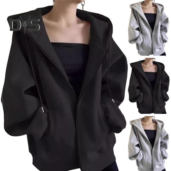 Autumn Spring Women Coat Hooded Drawstring Long Sleeves Pockets Zip-up Elastic Cuff Hem Loose Sport Hoodie Casual Daily Wear Jacket