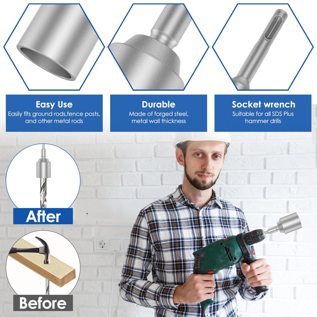 SDS-Plus Ground Rod Driver 30/45/65mm Drill Bit Driver Heavy Duty T Post Tool Forged Steel Durable Hammer