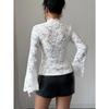 New Spring Summer V-Neck Long Sleeve Sweet Sheer Lace Blouse Elegant White Slim Fit Womens Shirt Casual Party Mesh Top for Women Clothing