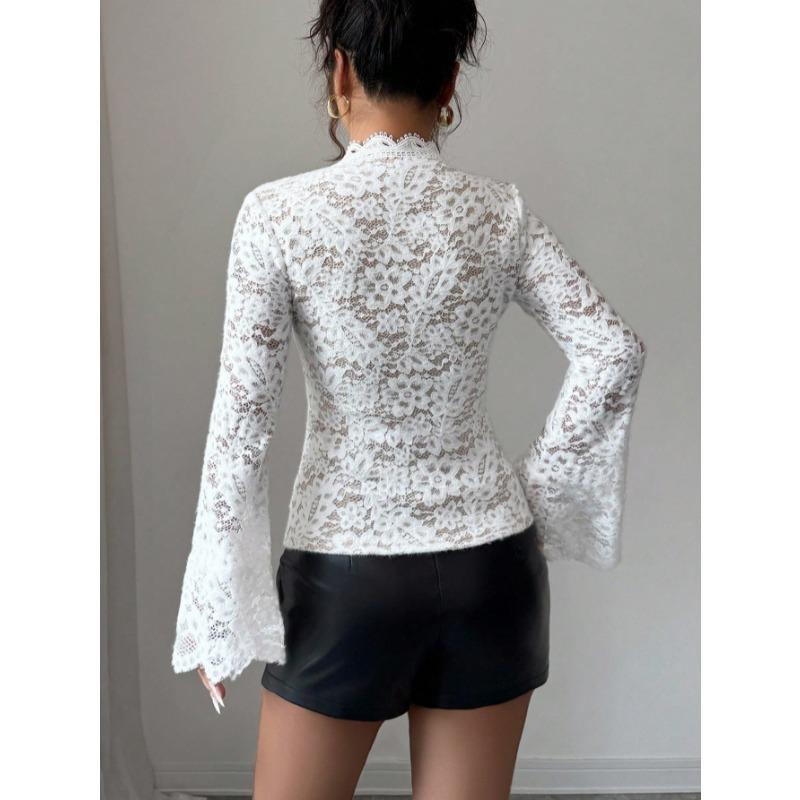 New Spring Summer V-Neck Long Sleeve Sweet Sheer Lace Blouse Elegant White Slim Fit Womens Shirt Casual Party Mesh Top for Women Clothing