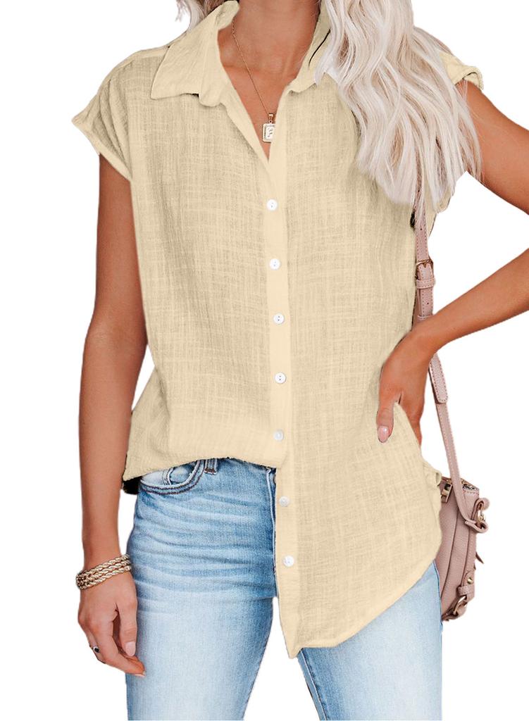 Damen Unifarbene Ärmellose Baumwollbluse mit Umlegekragen und Knöpfen Locker Lässig Sommer Top