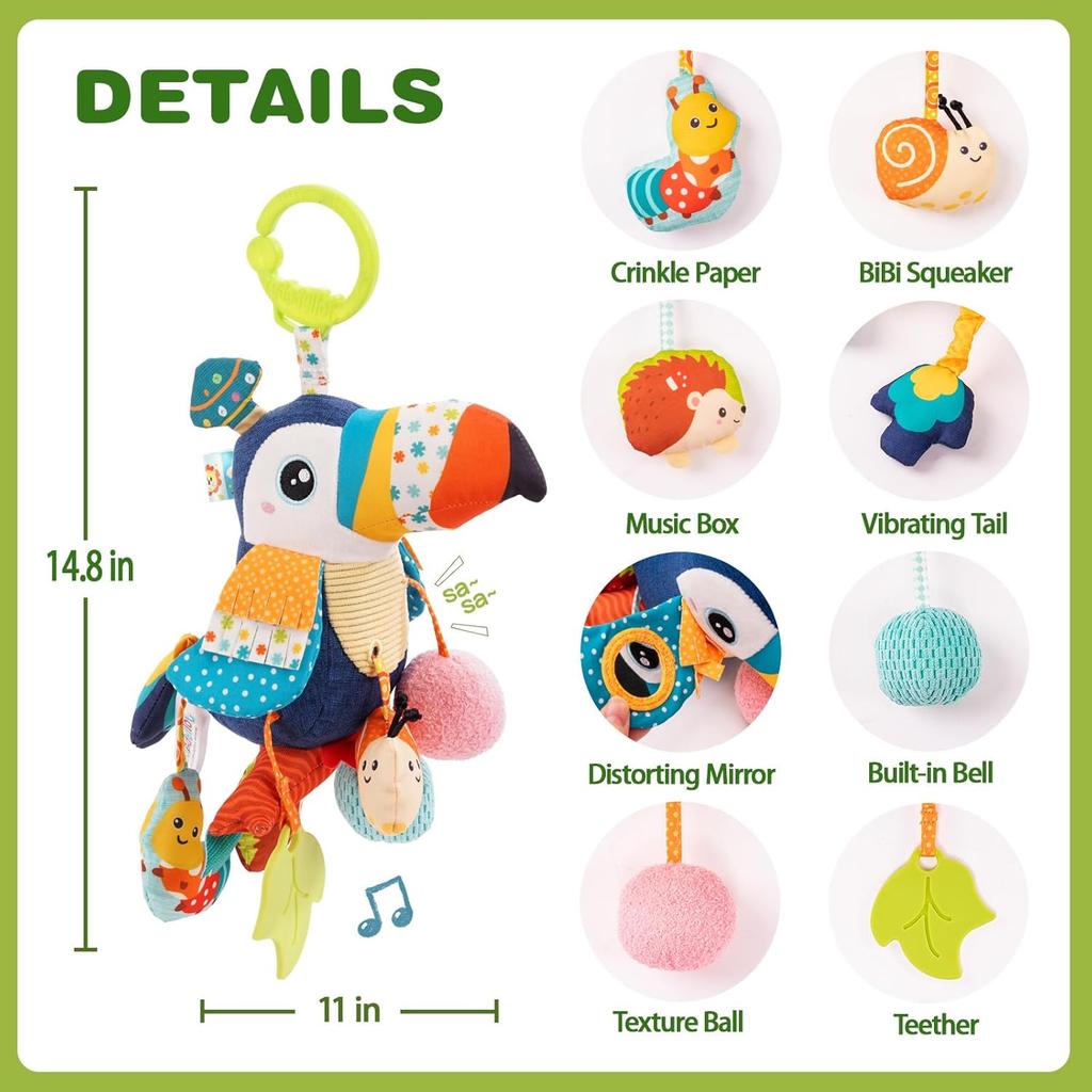 Jollybaby Musical Activity Pull String Hanging Toy for Baby Stroller Car Seat Crib Play Gym, Plush Stuffed Toucan Toy for Carseat with Music Teether