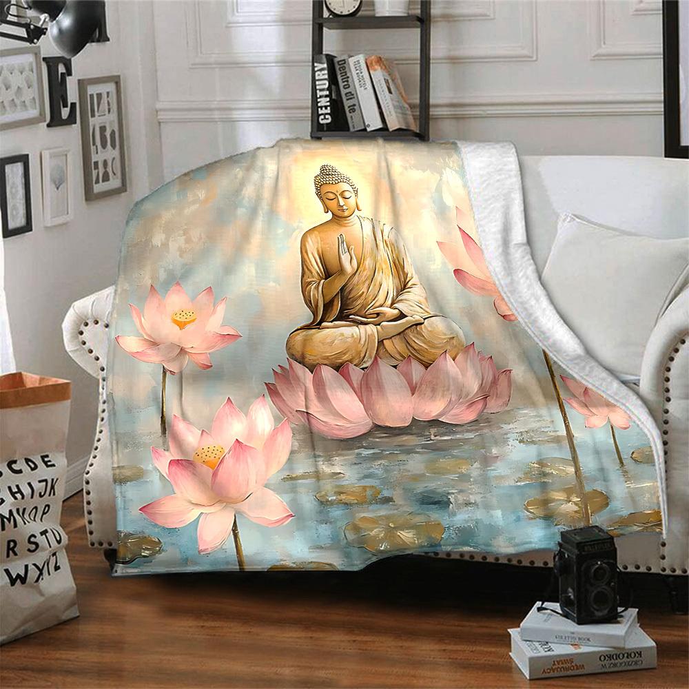 1pc Buddha Lotus Blanket, Lightweight Flannel Throw Blanket For Sofa, Bed, Travel, Camping, Living Room, Office, Couch, Chair, And Bed